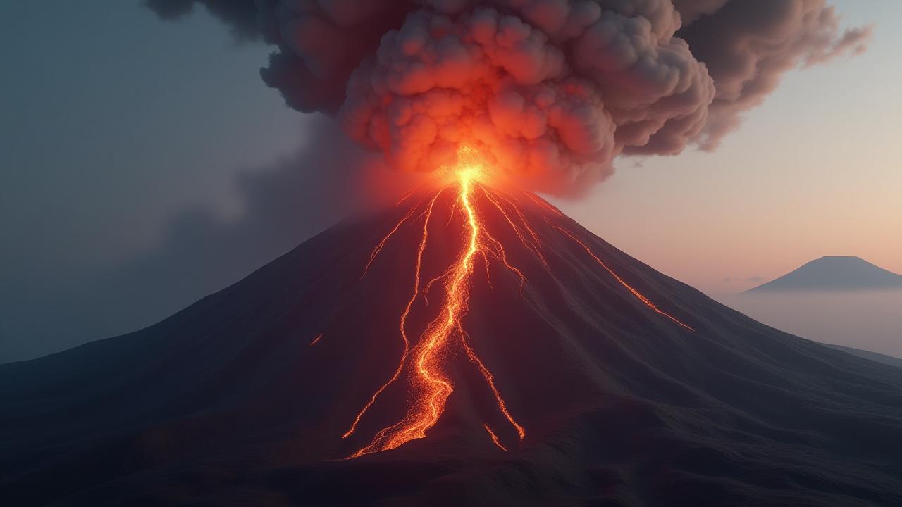 富士山の壮大な噴火シミュレーションのビジュアル